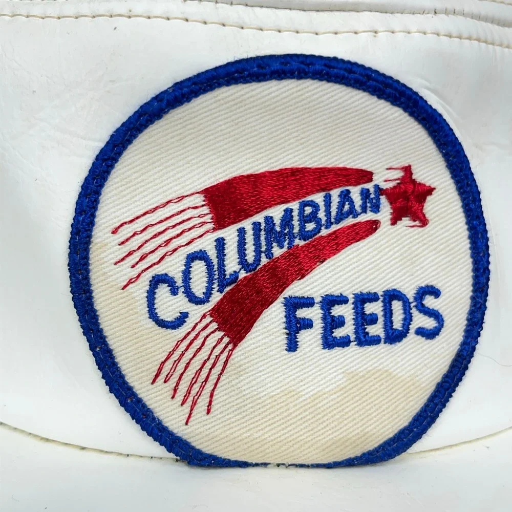 Vintage Columbia Feeds Trapper Hat Cap Trucker White Leather Patch 80s Made USA